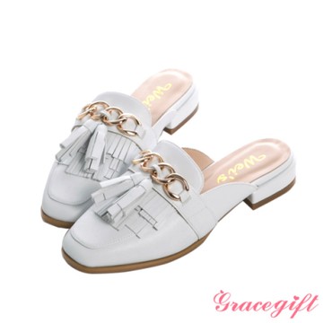 【Grace Gift】唐葳聯名-金屬鍊條流蘇穆勒鞋 白