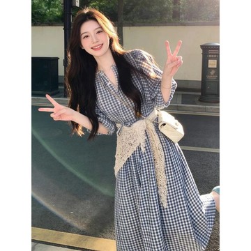 🍉清純白月光甜美風藍色格子連衣裙女夏日系簡約學院風小個子仙女裙