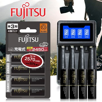 【FUJITSU 富士通】低自放電3號2450mAh充電電池組(3號4入+四槽USB充電器+送電池盒)