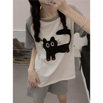 高級感睡衣女夏天純棉短袖圓領卡通貓咪印花高中初中生大童家居服