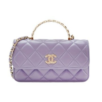 二手品 Chanel 香奈兒 淡金釦羊皮掀蓋斜背手機包(AP4015-紫)