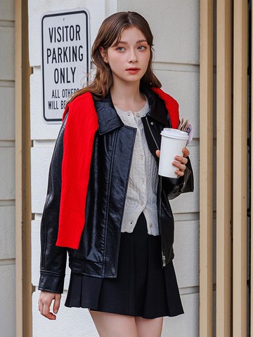 Collar Zip-up Leather Blazer