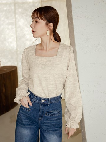 小香風織紋方領澎袖上衣