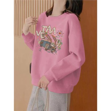 粉色圓領衛衣女2025春秋季新款薄款無帽套頭大版寬松加絨外套上衣