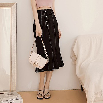 OB嚴選-高腰牛仔後腰鬆緊中長裙