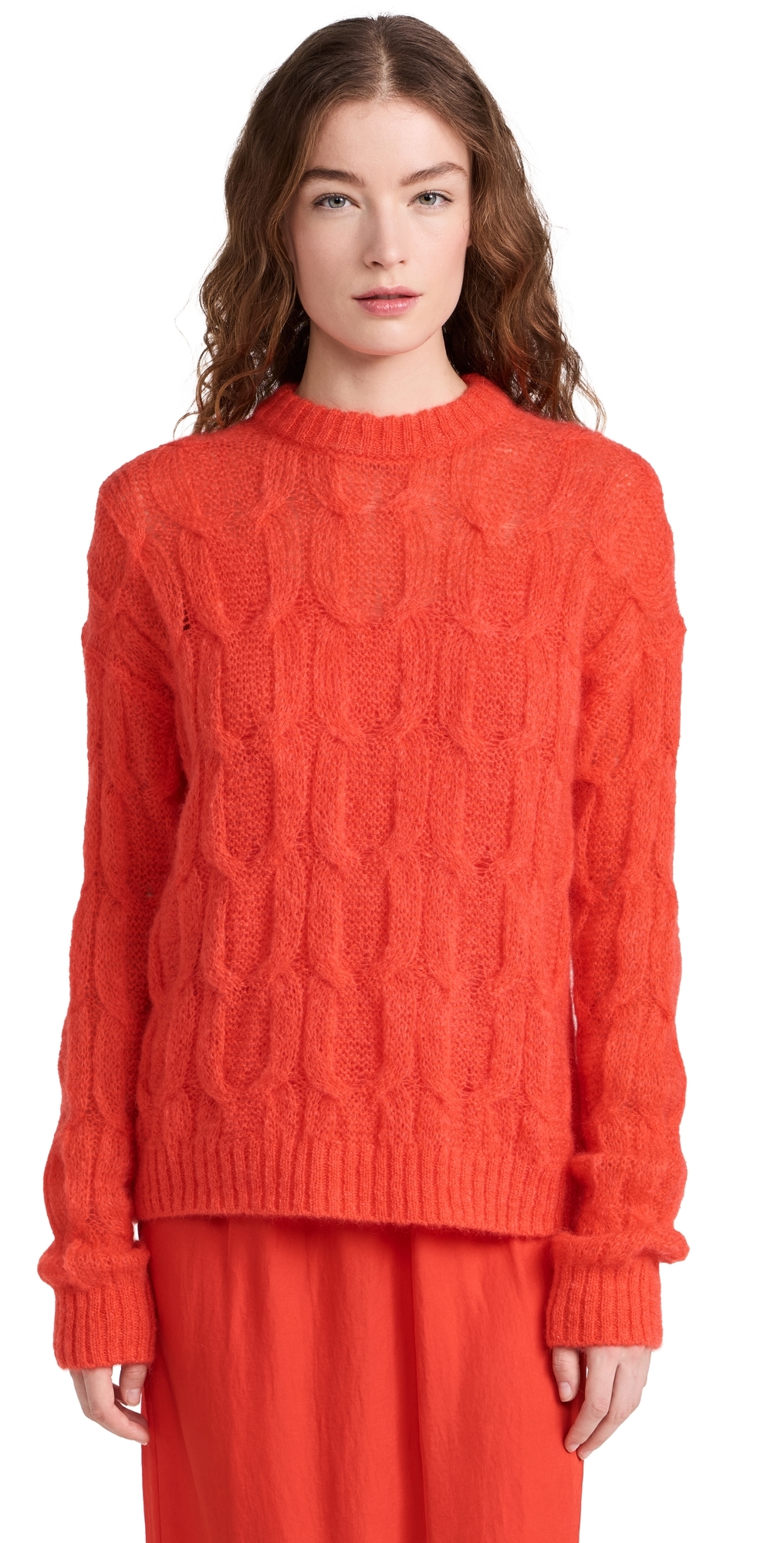 Tibi Soft Mohair Cable Crew Neck Easy Pullover Red XS