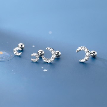 s925純銀耳釘女日韓小清新鑲鉆月亮耳骨釘個性螺絲球耳飾睡覺免摘