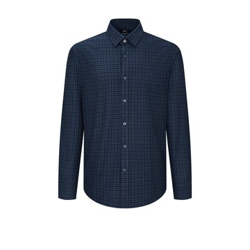 彈性雙面刷毛格紋長袖休閒襯衫/深海軍藍色 | 5612398878