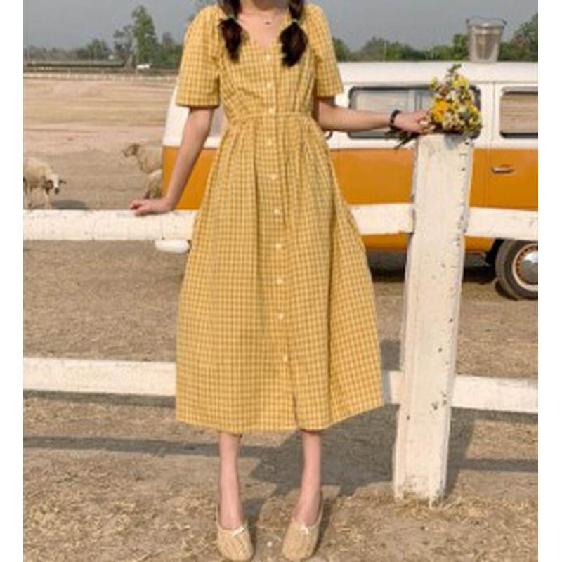 オルチャン 韓国 ファッション ワンピース シャツワンピ チェック柄 ミモレ丈 Vネック ウエストゴム フレア ゆったり 半袖 ガーリー 通販 Lineポイント最大1 0 Get Lineショッピング