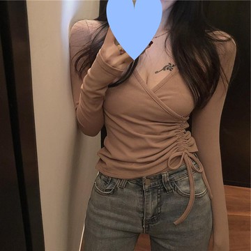 胖mm300斤大碼設計感小衆性感v領抽繩長袖T恤女內搭上衣打底衫c秋