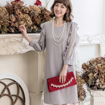 灰姑娘[88129-S]高雅圓領飄逸波浪薄紗長袖及膝洋裝