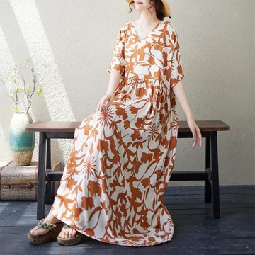 連衣裙女夏薄綿綢花V領寬松大碼民族風旅游拍照長袍子女遮肉顯瘦