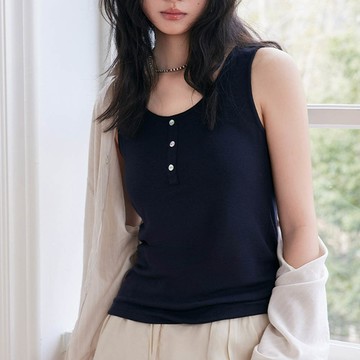 KPUWARM - 天絲亞麻百搭鈕扣背心-黛藍