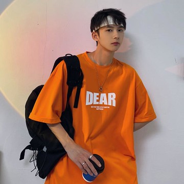 橘色網紅印花短袖T恤男夏季寬鬆港風ins潮流美式復古男生體恤潮