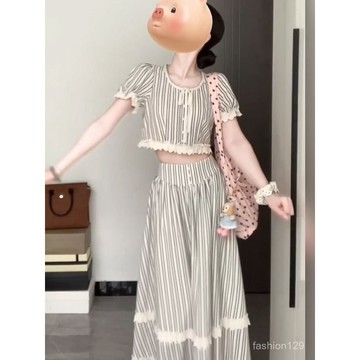 💛限時下殺💛法式高級感氣質穿搭兩件套裝女夏季條紋泡泡上衣+中長款半身裙子