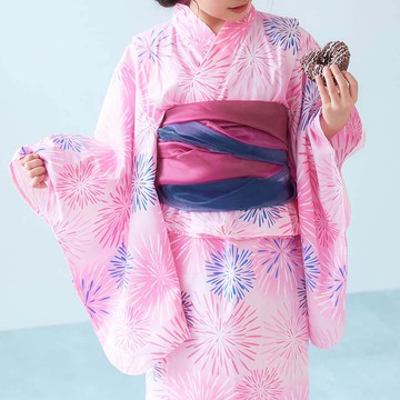 日本 devirock - 2way穿搭浴衣洋裝華麗4件組-夏季煙火-粉紅