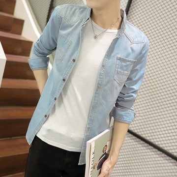 春季新款牛仔襯衫男長袖修身韓版襯衣男帥氣外套時尚潮流衣服