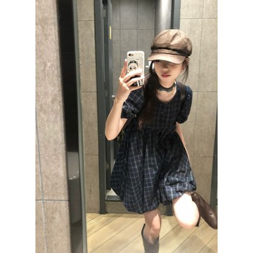 時尚女裝 連衣裙 短裙 日系藏青格紋花苞連衣裙女夏日多巴胺法式繫帶顯白公主短裙娃娃裙 洋裝 連身裙 短袖洋裝 裙裝
