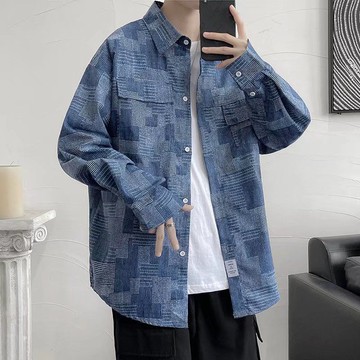 春秋日系撞色口襯衫外套 情侶港風寬鬆工裝長袖襯衫