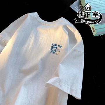 地下室B1-日系復古VINTAGE咖啡印花上衣 寬鬆落肩五分袖 質感純色百搭T恤 大尺碼8XL【NL626087】