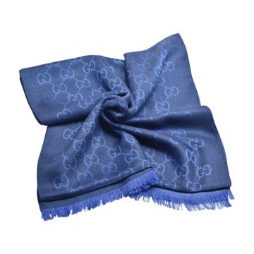 GUCCI 經典GG緹花雙色羊毛混絲流蘇圍巾/披肩(藍色)