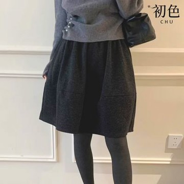 初色 韓系復古風加厚顯瘦純色壓褶鬆緊腰毛呢A字裙花苞裙短裙半身裙-共2色-17754(M-XL可選)
