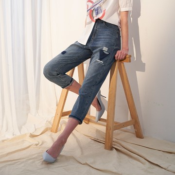 【LIGHT丹寧褲】巧玲瓏韓系簡約幾何印刷牛仔褲 2172014