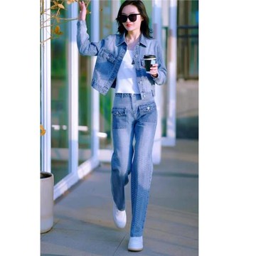 超火活潑減齡牛仔套裝女2025春秋新款時尚洋氣顯瘦闊腿褲兩件套