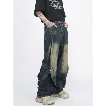 Mz 重工做舊水洗拼接設計牛仔褲男潮牌小眾美式高街直筒百搭長褲