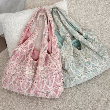 韓系少女心蕾絲單肩包百搭通勤腋下包大容量女學生帆布包袋