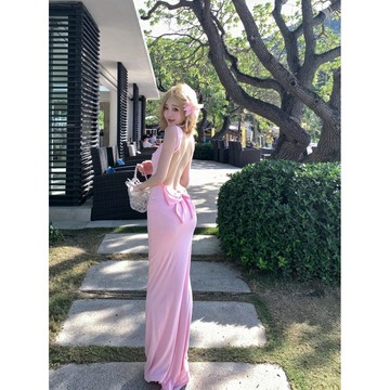 【夏天Summer】🔥美背緞面蝴蝶結女神長裙連衣裙禮服生日戰裙