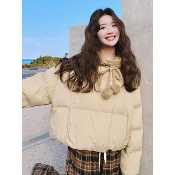 甜系設計感針織連帽羽絨服女2025冬季短款小個子拼接白鴨絨面包服