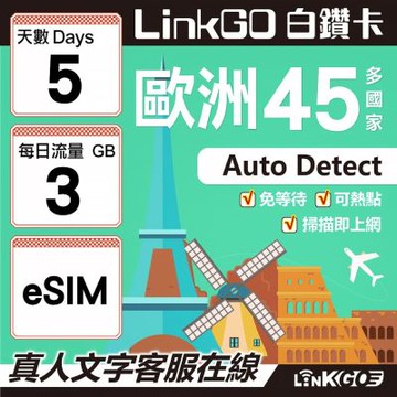 LINKGO白鑽卡 歐洲45國 eSIM卡 5天上網卡 每日3GB (歐洲網卡 西班牙 德國 奧地利 英國)