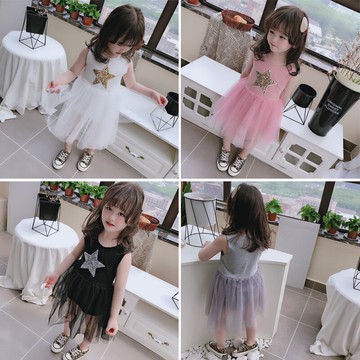 夏季新款 女童寶寶舒適裙子 中小童洋氣無袖網紗拼接連衣裙1入