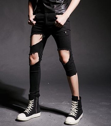 FINDSENSE 韓國潮流 個性 不規則 大破洞 修身 街頭潮男 夜店 DJ 發型師 必備 窄管牛仔褲 直筒褲 小腳褲