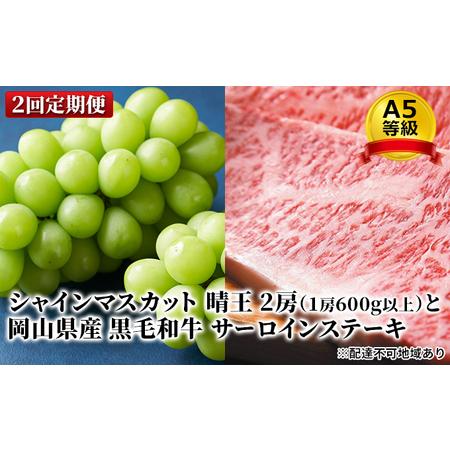 ふるさと納税 フルーツ 肉 2024年 晴れの国 おかやま シャイン マスカット 晴王 2房 と A5等級 黒毛 和牛 サーロイン ステーキ 2回 定期便 岡山県瀬戸内市