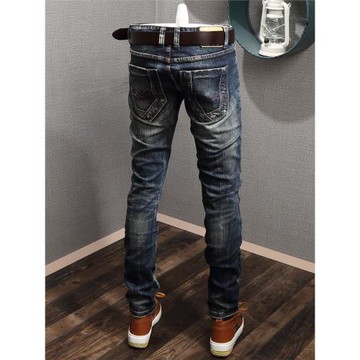 春秋復古韓版經典破洞牛仔褲男修身小腳彈力直筒青年男生褲子潮流