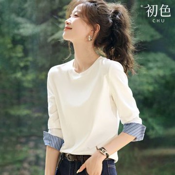 初色 韓系通勤風休閒袖口拼接撞色條紋圓領T恤上衣女上衣-共2色-16779(M-2XL可選)