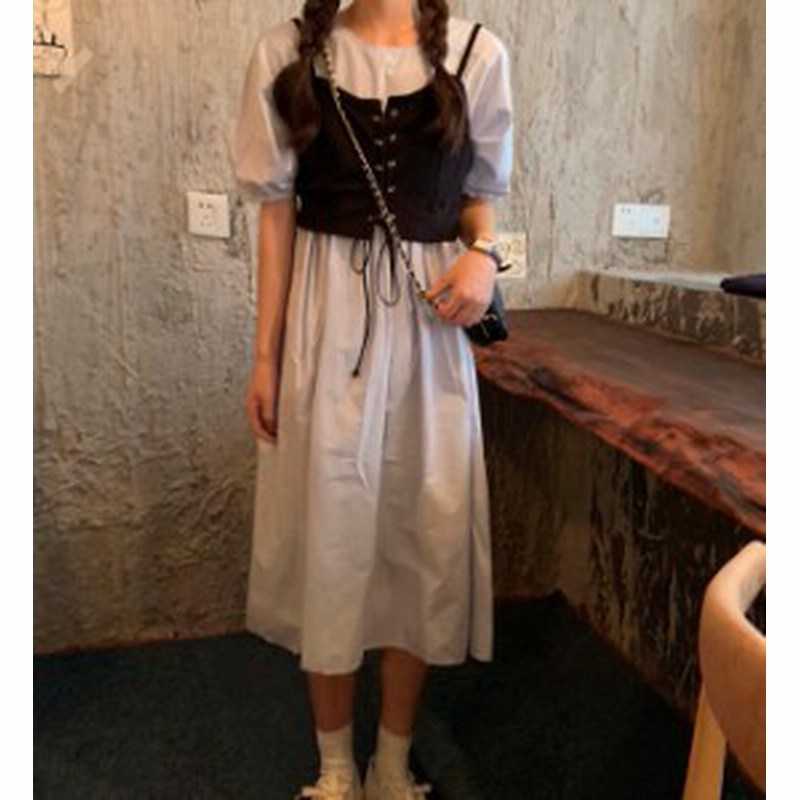 韓国 ファッション レディース ワンピース ロング ミモレ丈 ゆったり ビスチェ 重ね着 フレア レースアップ 半袖 無地 大人可愛い 通販 Lineポイント最大1 0 Get Lineショッピング