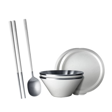 仙德曼雙層304不鏽鋼笠形湯碗-附蓋-20cm-2入-霧白+316不鏽鋼餐具組-4套入