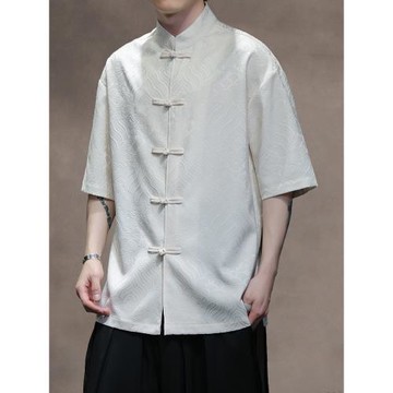 新中式夏季薄款透氣盤扣唐裝短袖襯衫休閑暗紋提花祥云中山裝半袖