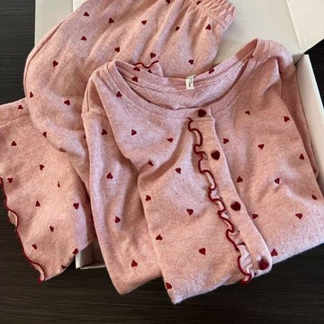 Xuan♥睡衣女愛心ins溫柔風撞色花邊開衫秋冬款保暖德絨長袖長褲兩件套