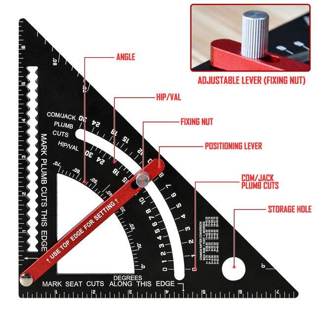 アングルインチ分度器マルチアングルポジショニングマーカーカーペンターライン定規測定ゲージ付き木工合金三角形定規