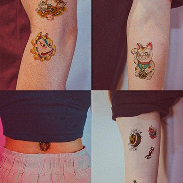 發4張【招財貓日式浮世繪套裝】高級感刺青圖案紋身貼防水貼紙