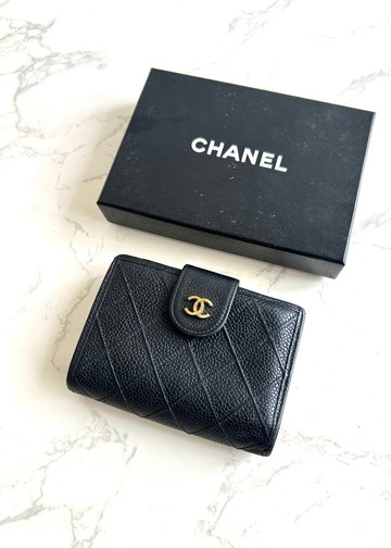 Chanel黑色魚子醬皮革中夾 皮夾 錢包 短夾 中古包 二手包 古董包
