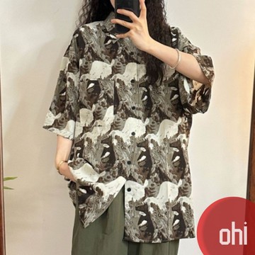 【ohi】美式復古潮牌寬鬆設計感滿印半袖襯衫上衣 女生襯衫 短袖襯衫 襯衣 短袖上衣 女裝 GSXD065