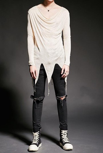 FINDSENSE 韓國潮流 個性 寬肩領 特色下擺 時尚 街頭潮男 夜店 DJ 發型師 必備 長袖T恤 特色長T