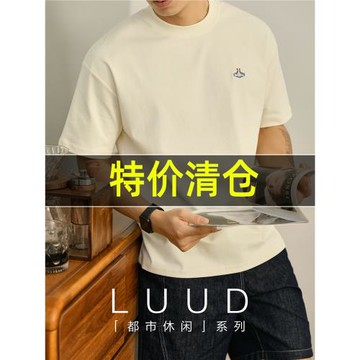LUUD 男夏休閑簡約百搭落肩短袖上衣簡奢氣質感小刺繡寬松重磅T恤