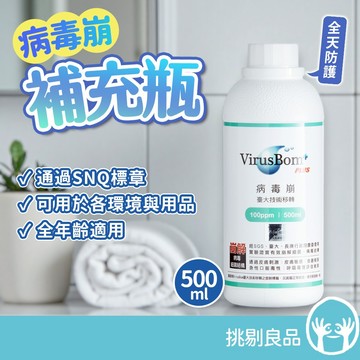 病毒崩VirusBom 補充瓶 500ml 台大研發專利 分子群聚水 隨身清潔 日常防護 100ppm 挑剔良品