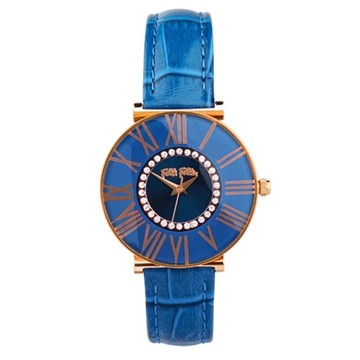 【Folli Follie】29毫米 復古時尚 羅馬字盤 鱷魚壓紋真皮腕錶(玫瑰金X藍 FF407730)